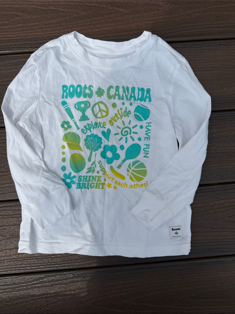Roots Kids Long-Sleeve Graphic Tee - White with Teal & Yellow
